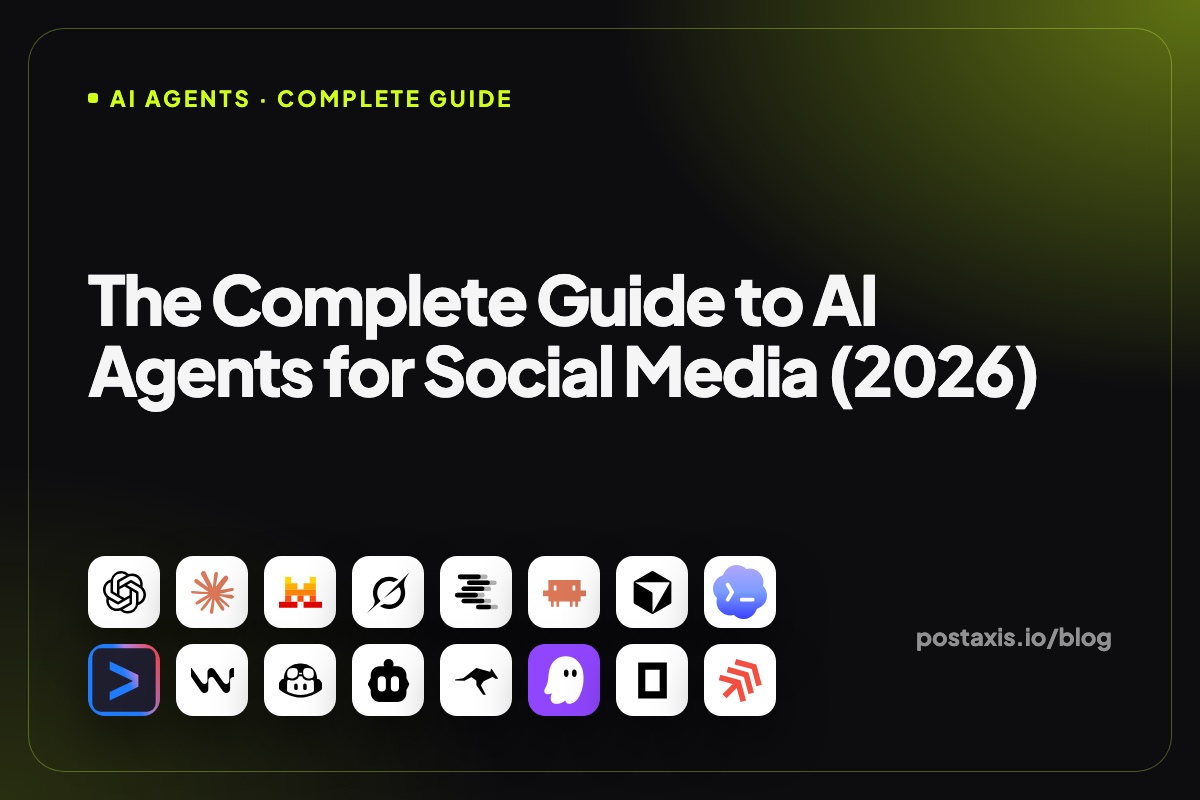 Logos of popular AI agents arranged around the PostAxis logo with the title The Complete Guide to AI Agents for Social Media
