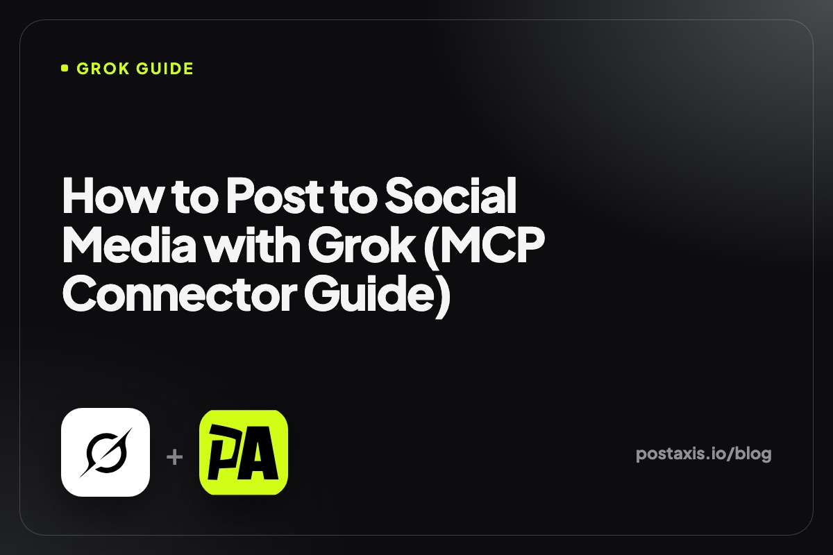 Grok logo next to the PostAxis logo with the title How to Post to Social Media with Grok